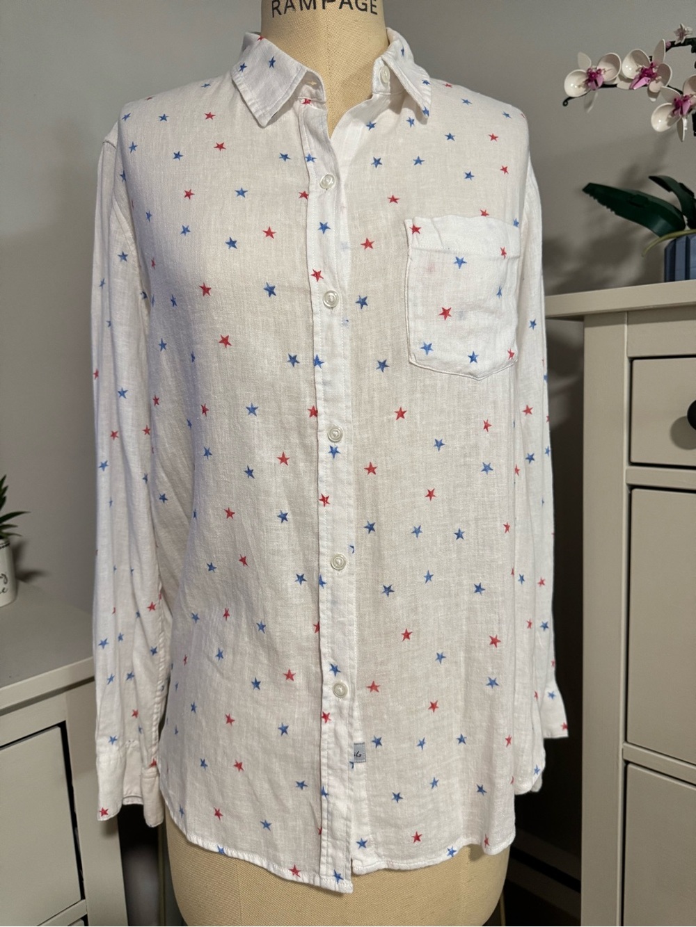 Rails Star Print Button Down Shirt White Red Blue Linen Blend Medium